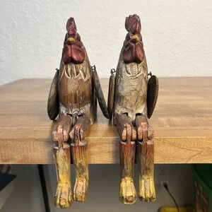 Lot Of 2 Wood Rooster Shelf Sitter Carved Painted
